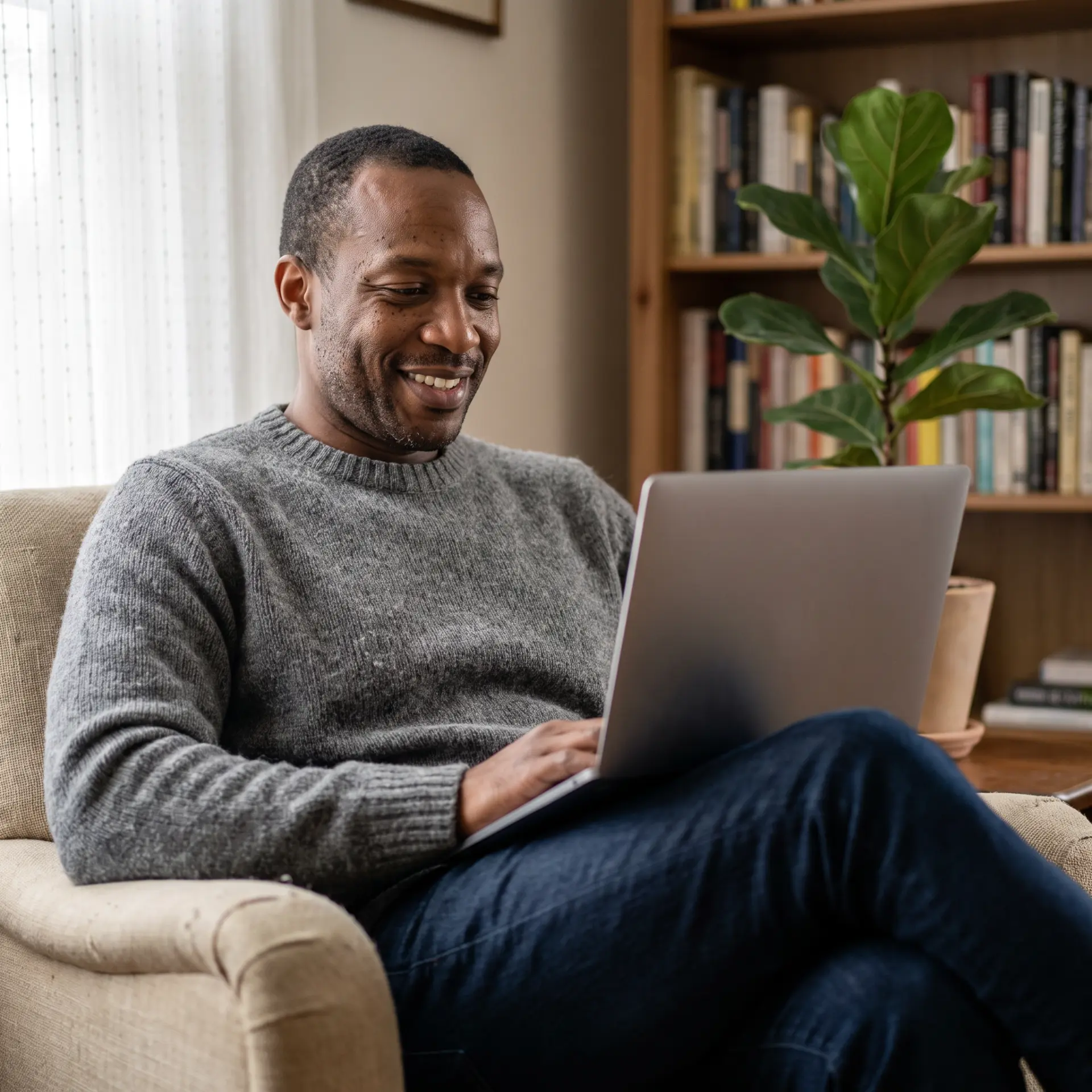 Patient smiling during a video visit with their Vye provider from home