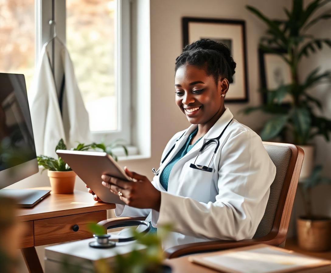 Provider relaxed at a tidy home-office desk while the back office runs itself
