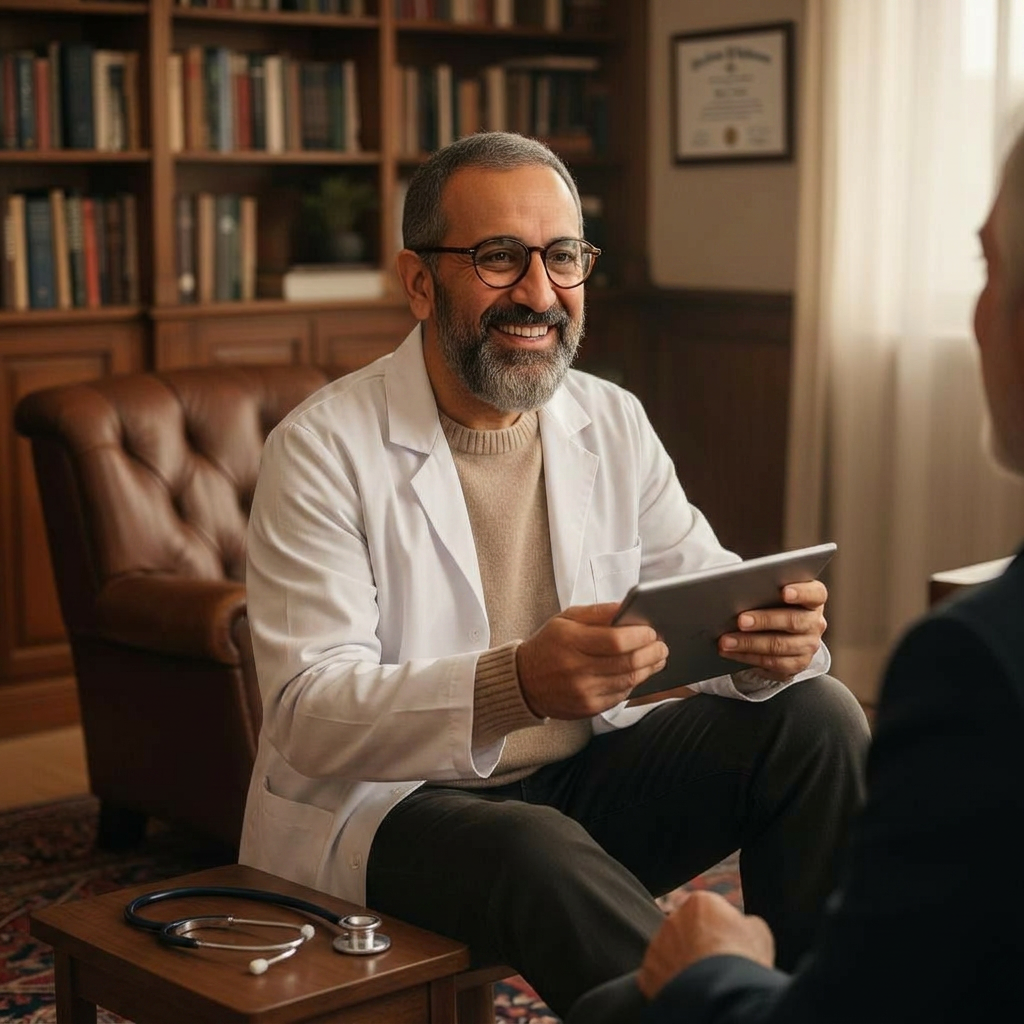 Provider smiling while reviewing patient data on a tablet