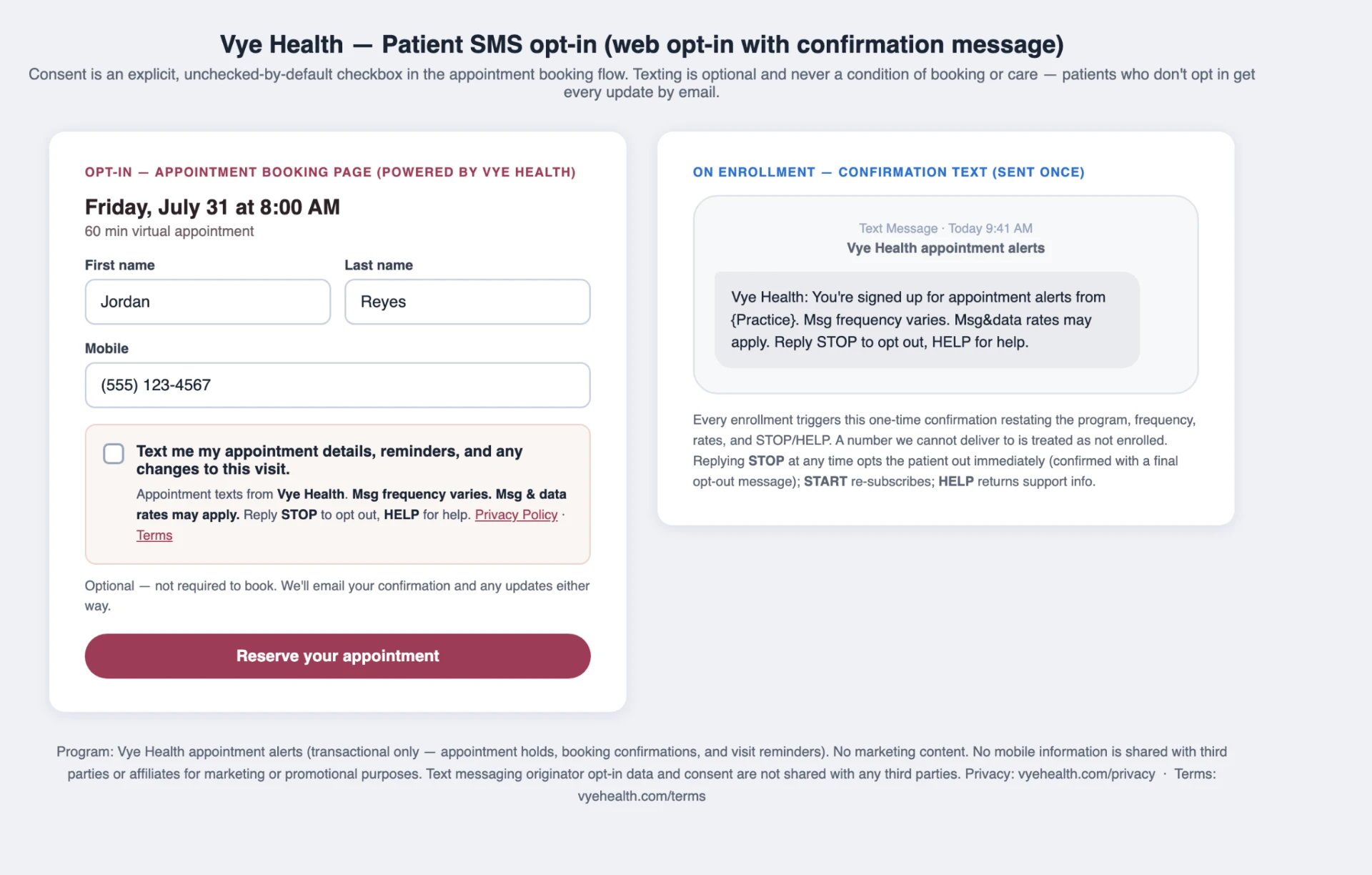 Vye Health patient SMS opt-in flow: consent checkbox in the appointment booking page and one-time confirmation text on enrollment.