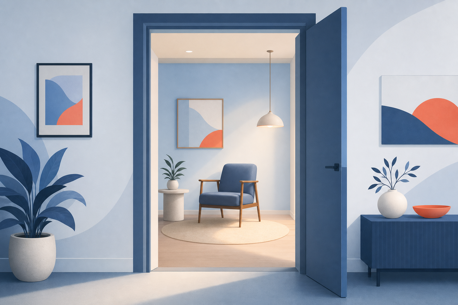 An open doorway into a quiet empty waiting room with one chair and a pool of soft light.