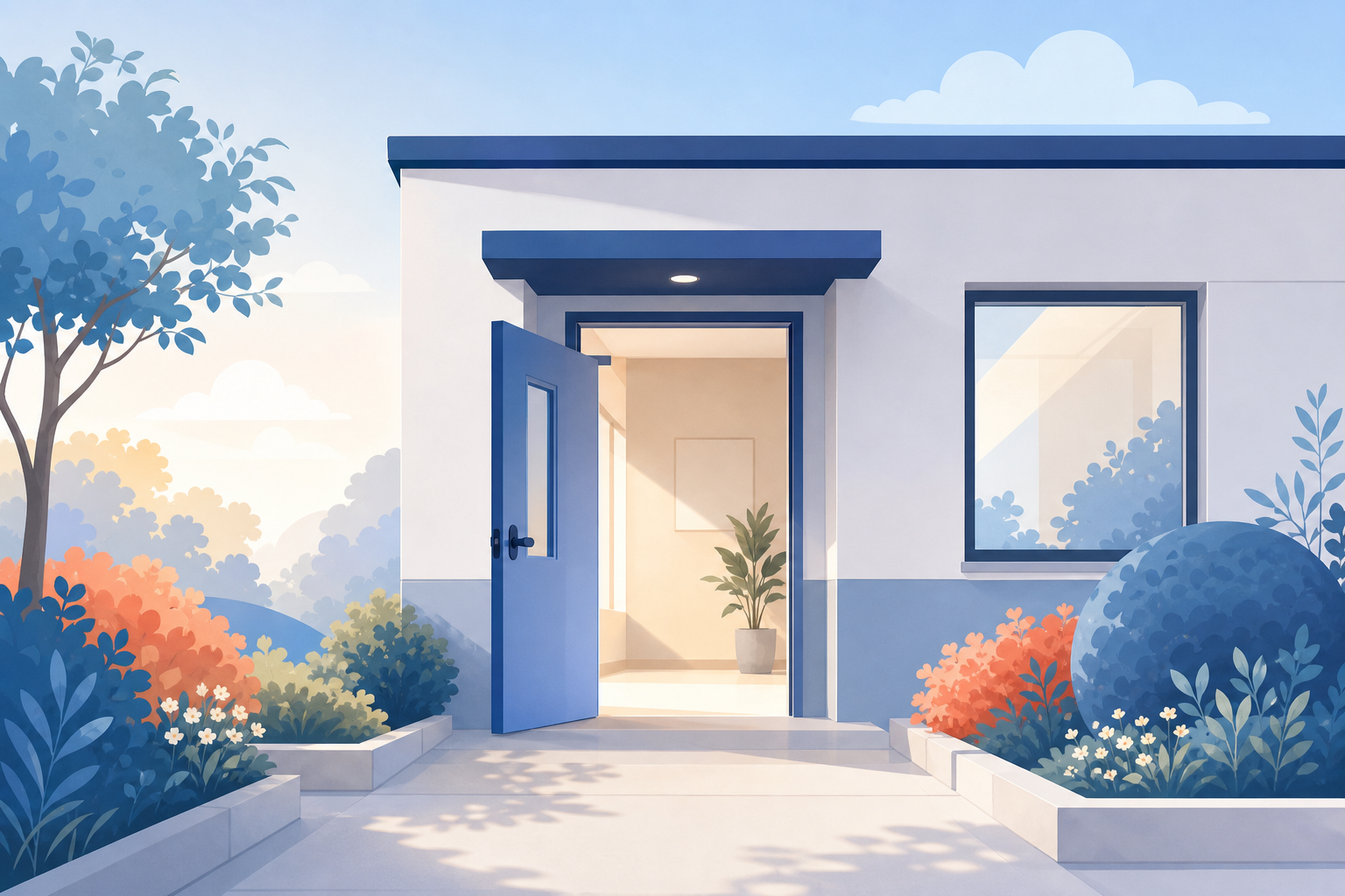 An open door on a small clinic, with morning light on an empty walkway and a plant inside.