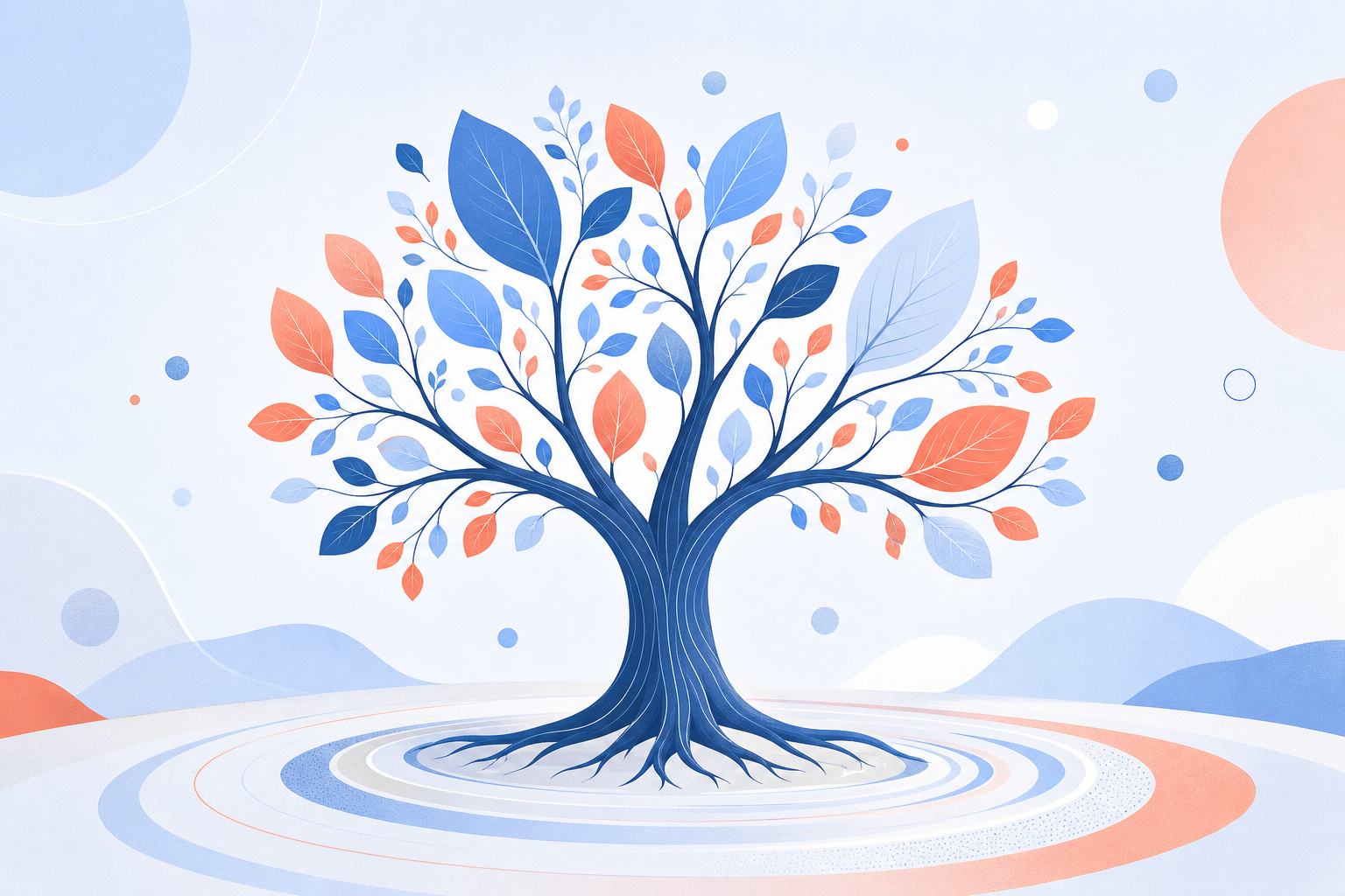 A blue tree with leaves of many sizes in coral and blue, rooted in soft rings, among floating circles.