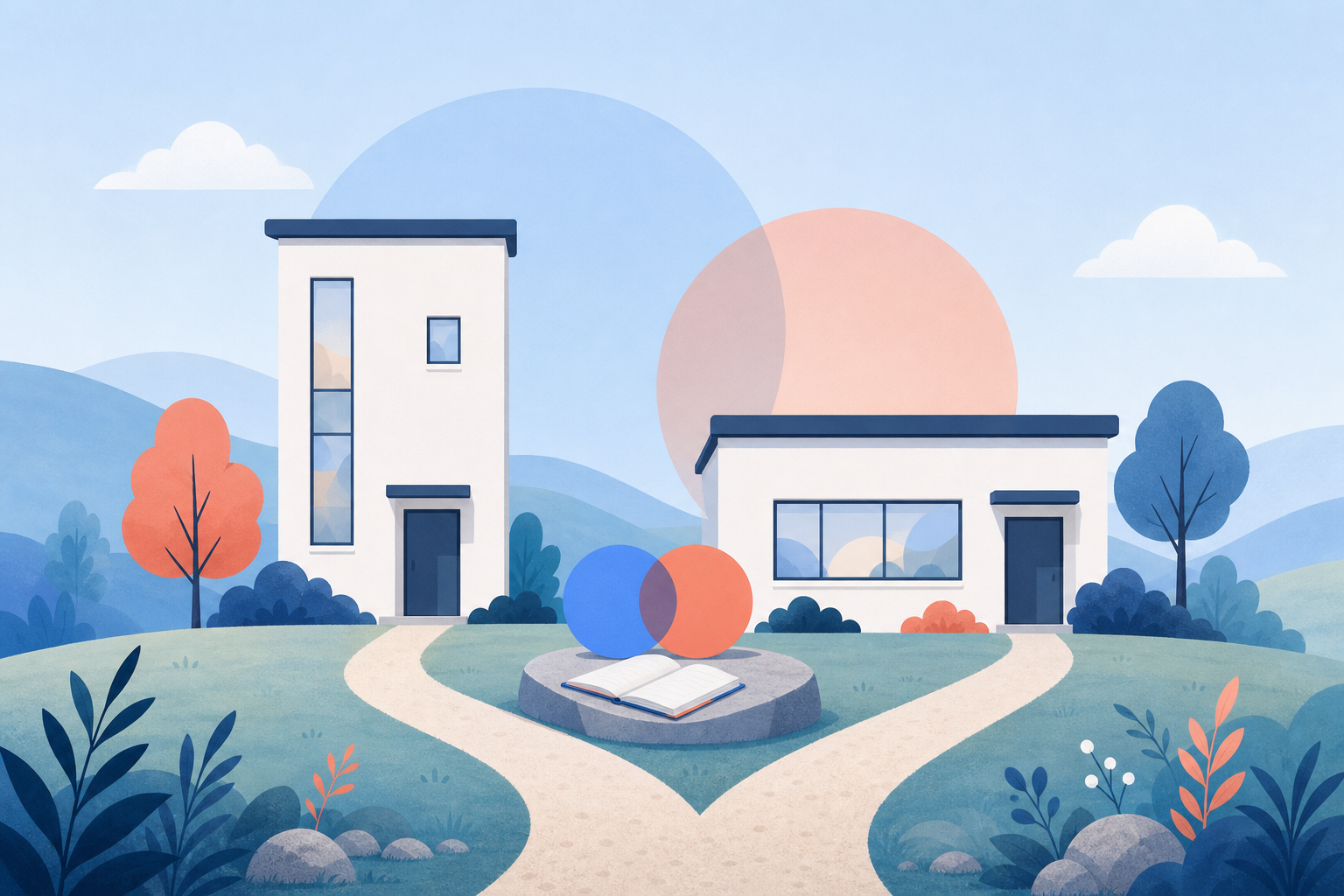 Two clinic buildings of different shapes stand on a hillside, with a path that splits toward each doorway and an open notebook between overlapping circles.