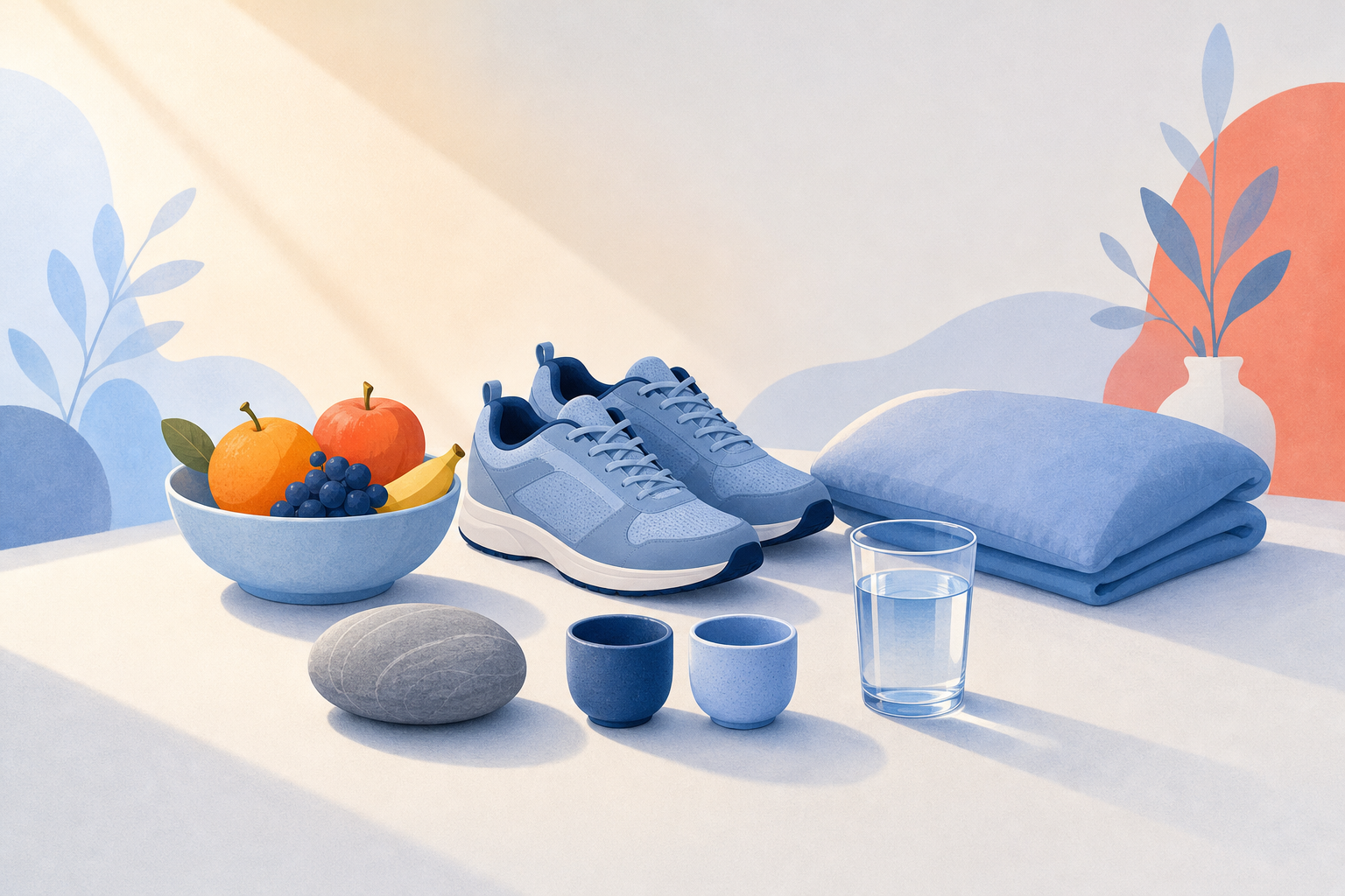 A bowl of fruit, walking shoes, a folded pillow, a smooth stone, two cups, and a glass of water on a quiet surface.
