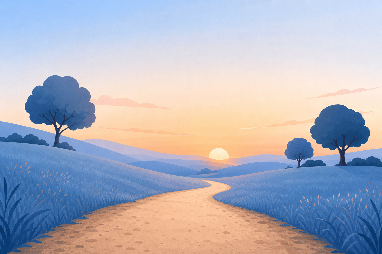A simple dirt path curves through low hills toward a sunrise, with rounded trees on either side.
