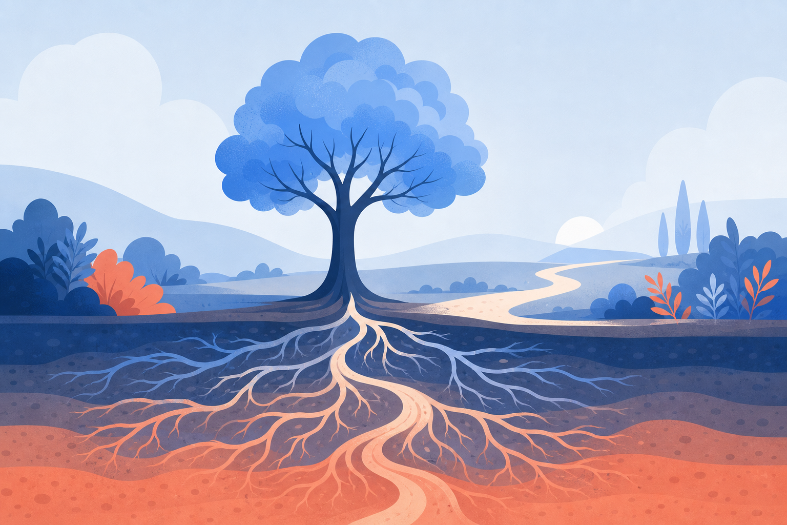 A simple tree with layered roots under the soil and a clear path leading away across gentle hills.