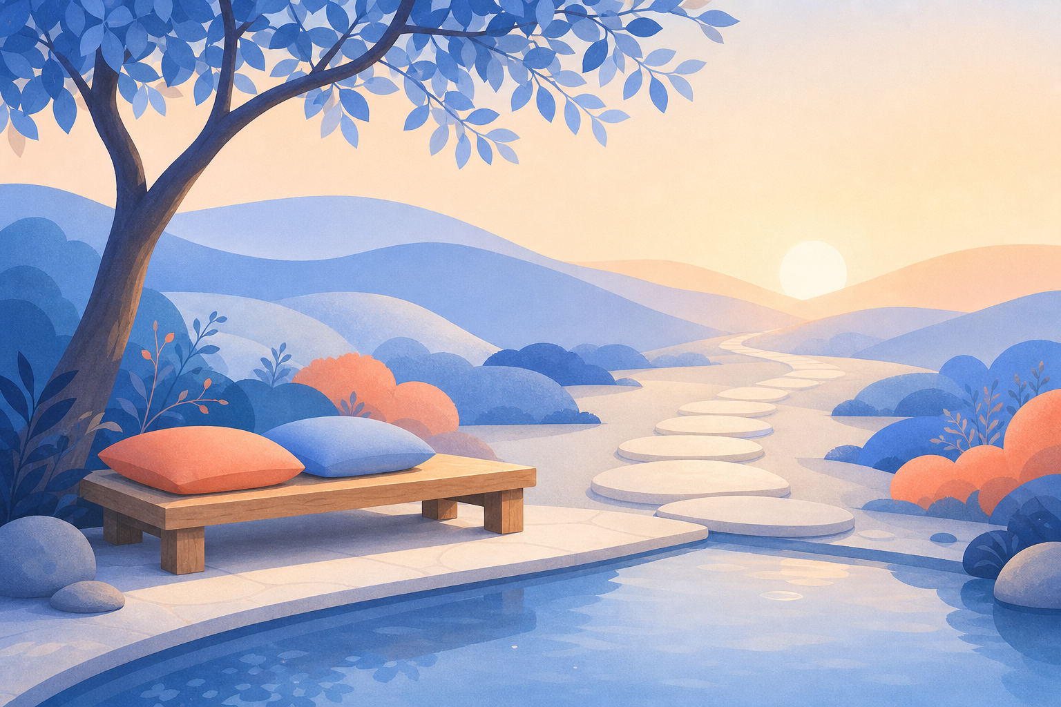 An empty bench with two cushions under a tree beside still water, and a path of pale stones leading through hills toward a warm glow.