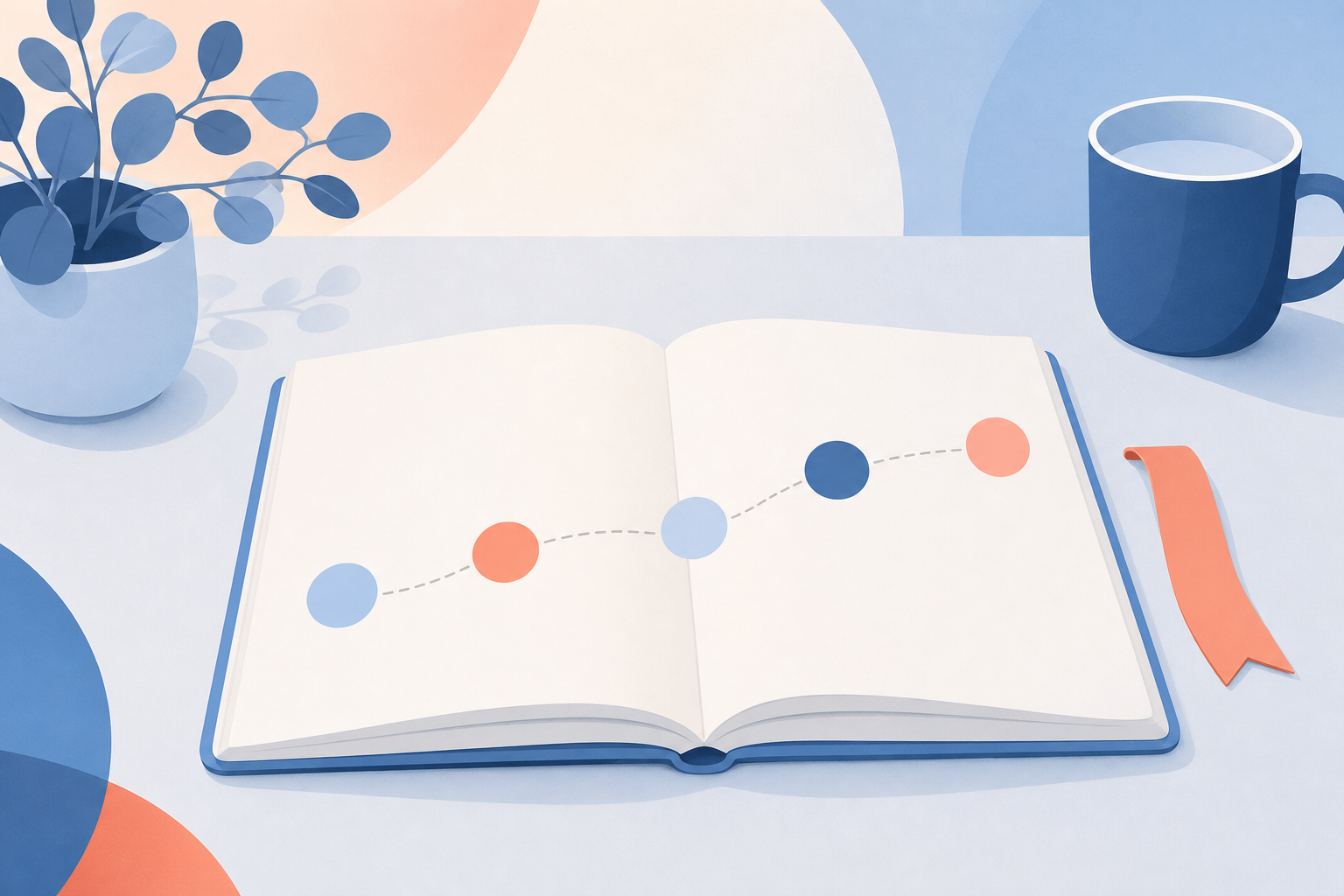 An open notebook on a calm desk, with soft round marks along a gentle curve and a ribbon bookmark beside it.