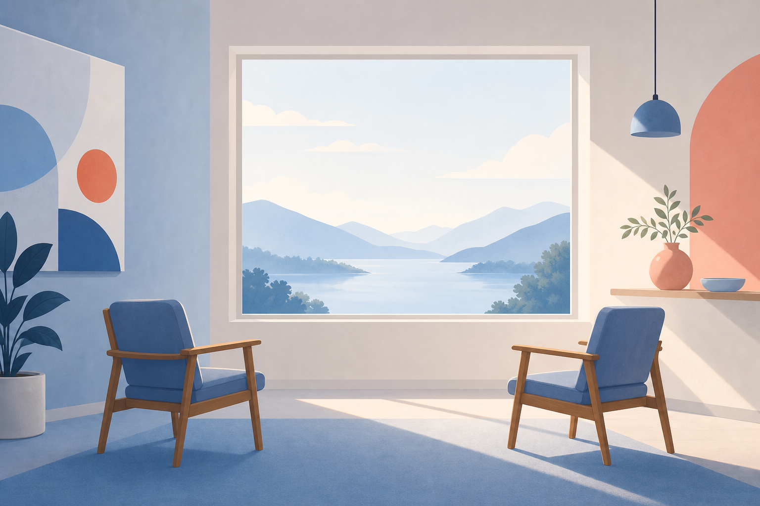 A quiet room with two empty chairs facing a sunlit window over misty hills and still water.