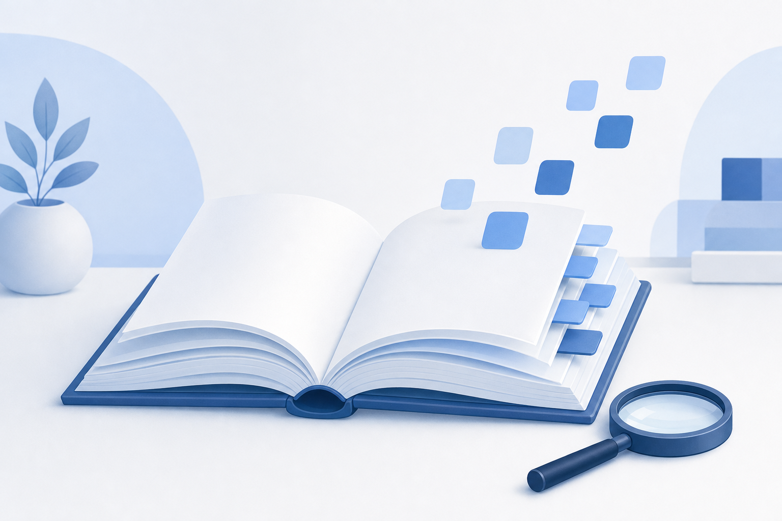 An open blue book with tabbed pages on a white desk, small blue squares floating above it and a magnifying glass beside it.