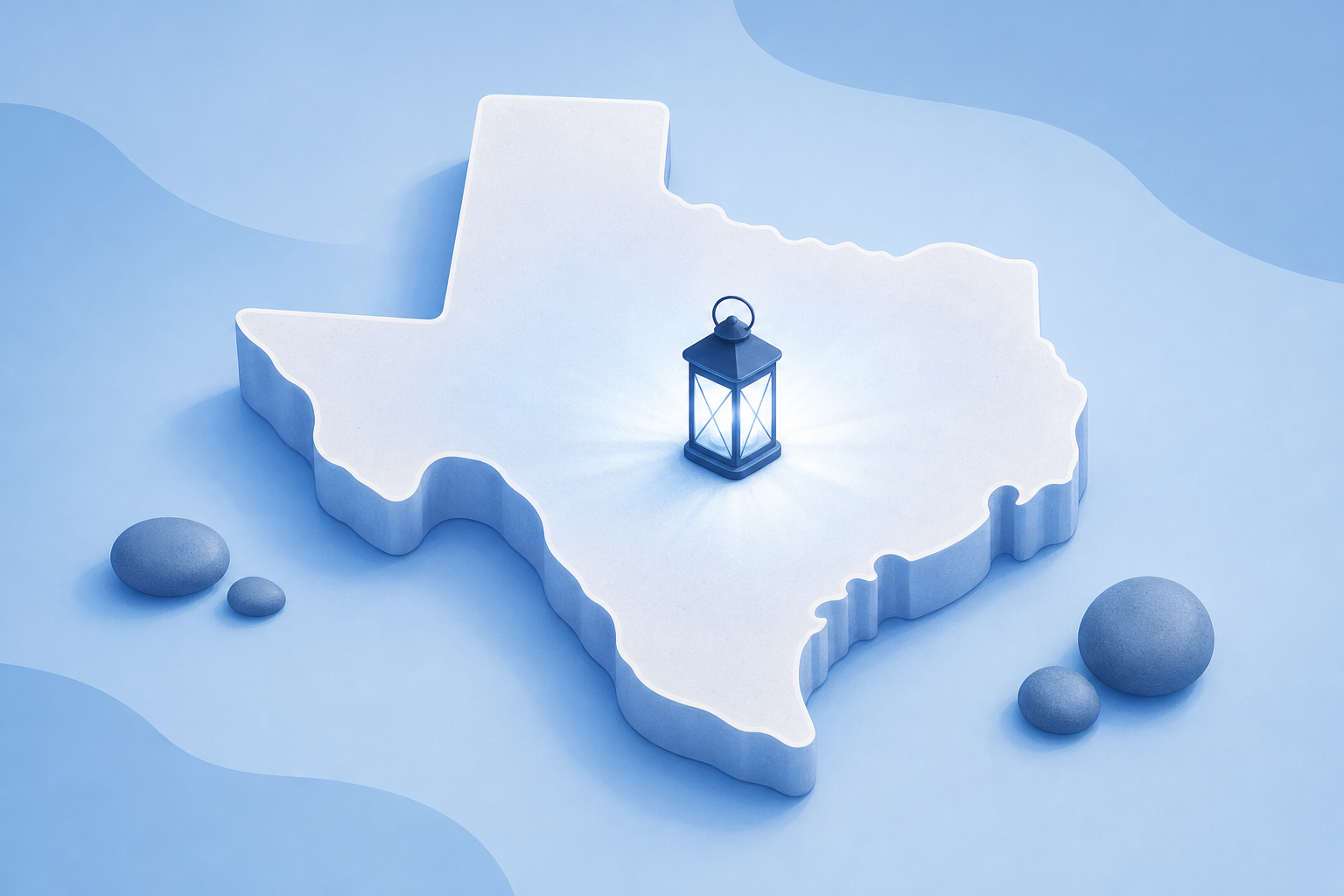 A raised white outline of Texas with a small blue lantern glowing at its center, with rounded stones nearby.