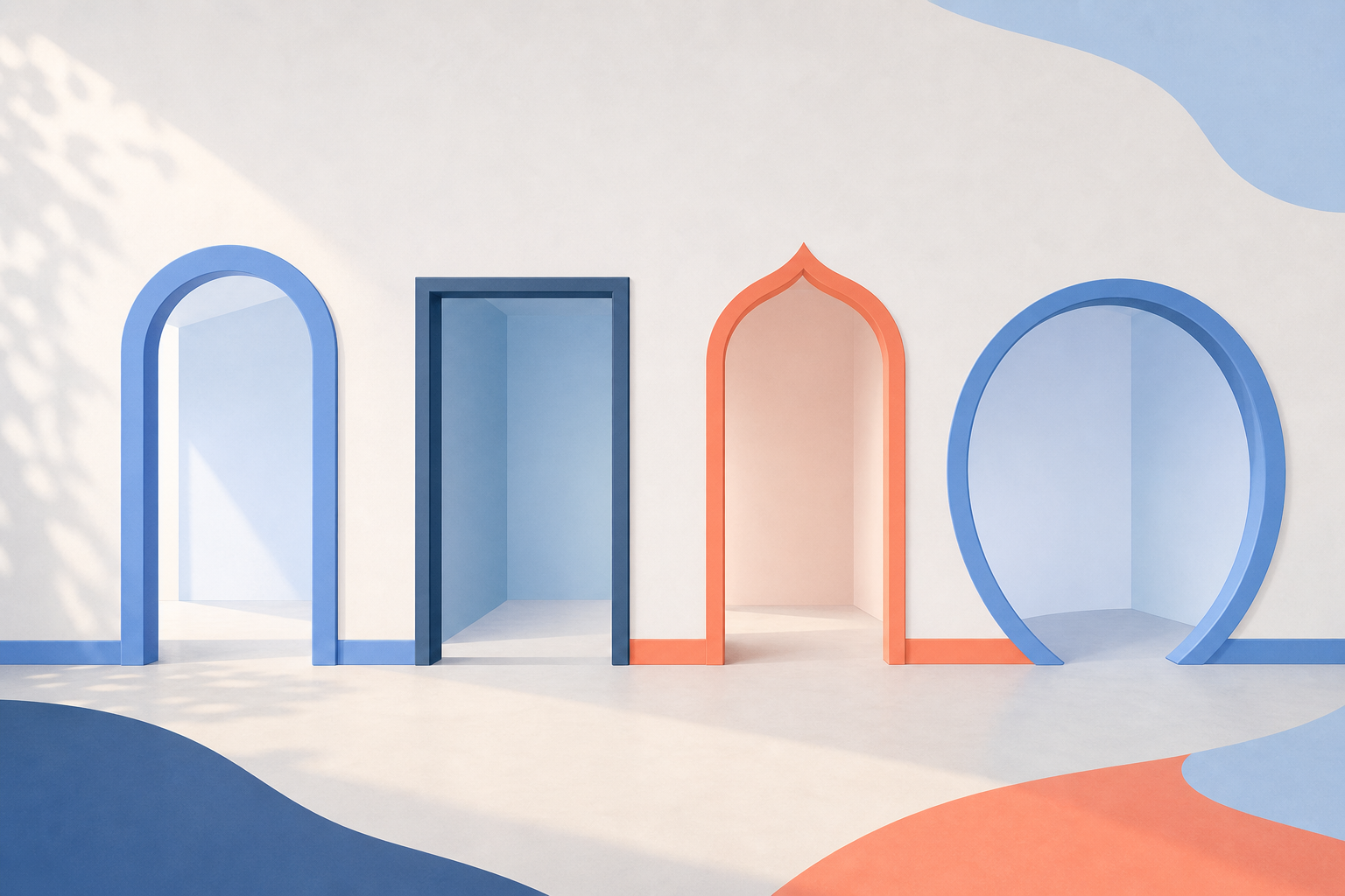 Four empty doorways of different shapes in one wall.
