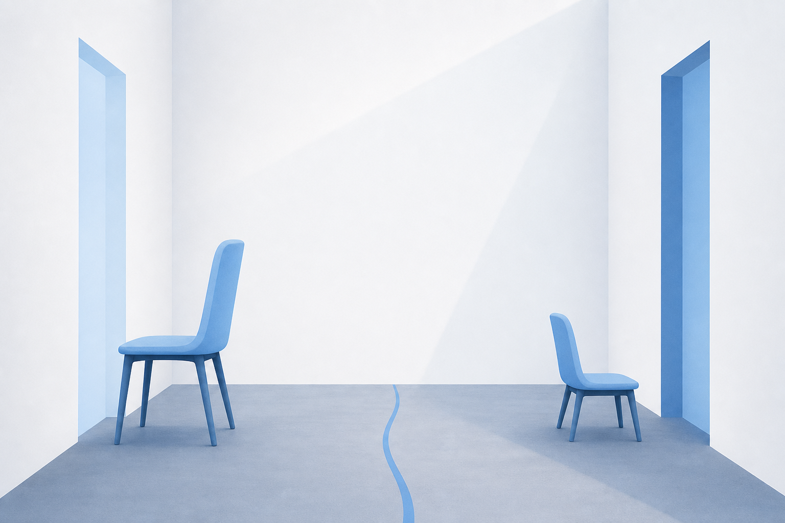 Two empty blue chairs of different heights face opposite walls in a white room, divided by a thin blue line on a grey floor.