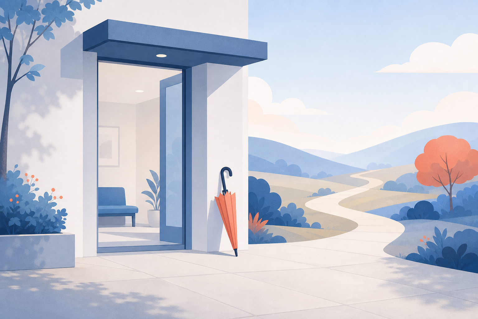 A closed umbrella beside an empty clinic doorway, with a path curving away through hills.