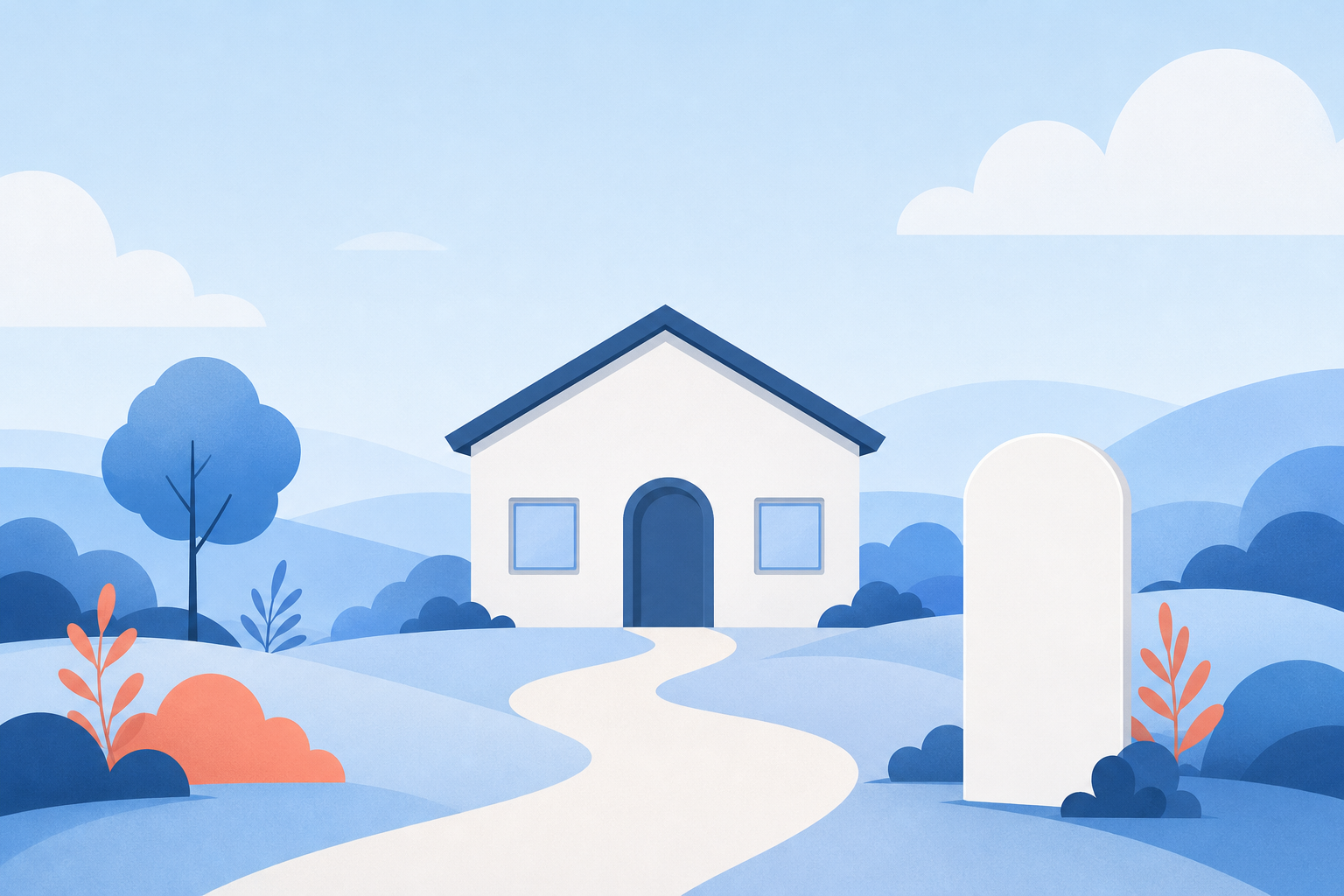 A small clinic with a plain roof sits at the end of a winding path, beside a tall blank rounded panel.