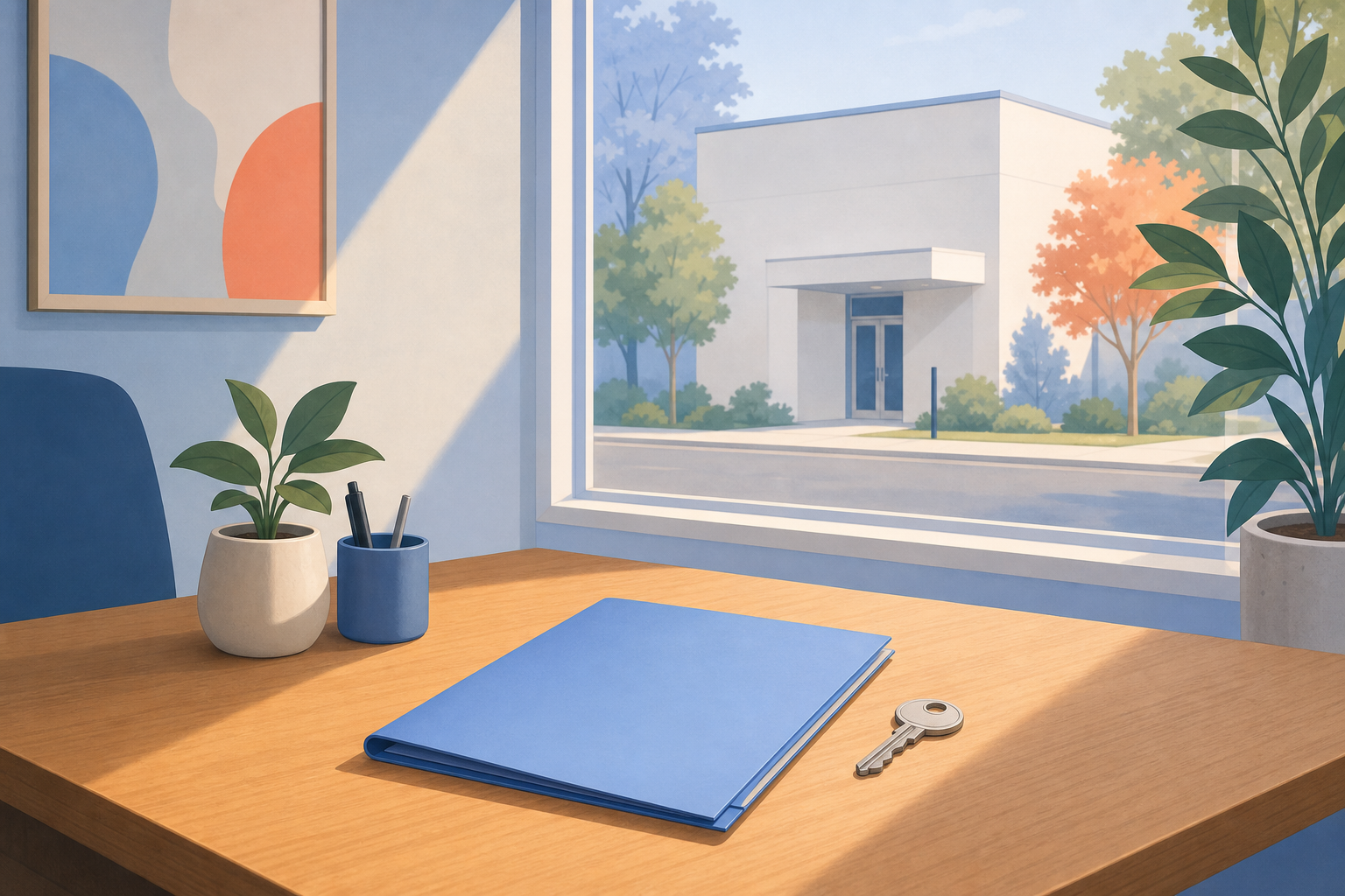 A closed folder and a metal key rest on a wooden desk, with a small clinic building visible through the window.