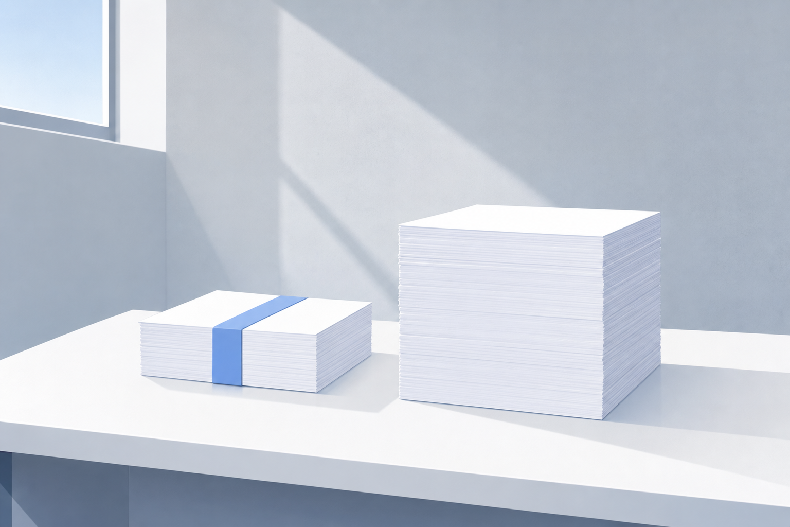 Two unequal stacks of blank paper on a white table, the shorter one bound by a blue band.