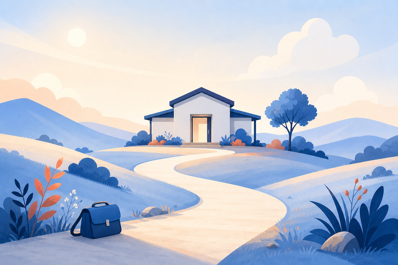 A winding path through soft hills leads to a small clinic, with a blue briefcase resting beside the path.