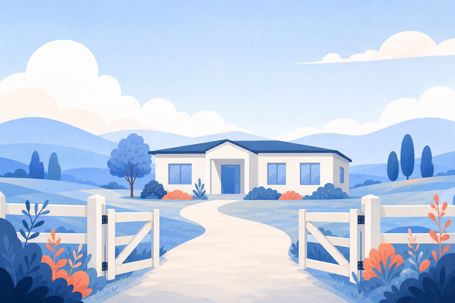 A low white fence with an open gate and an empty path through soft hills toward a small plain clinic.