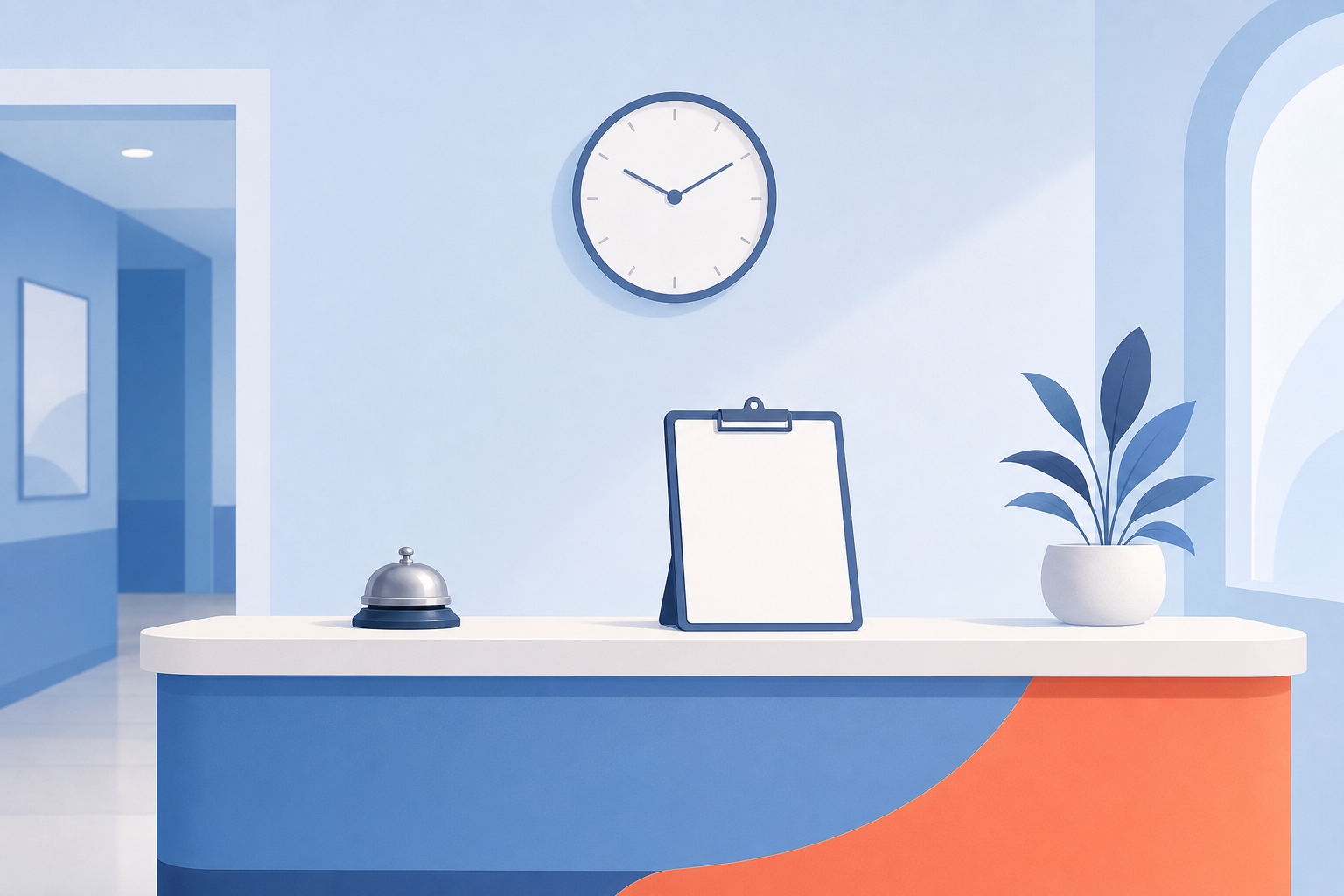 An empty reception ledge with a round bell, a blank clipboard, and a clock with no numerals.