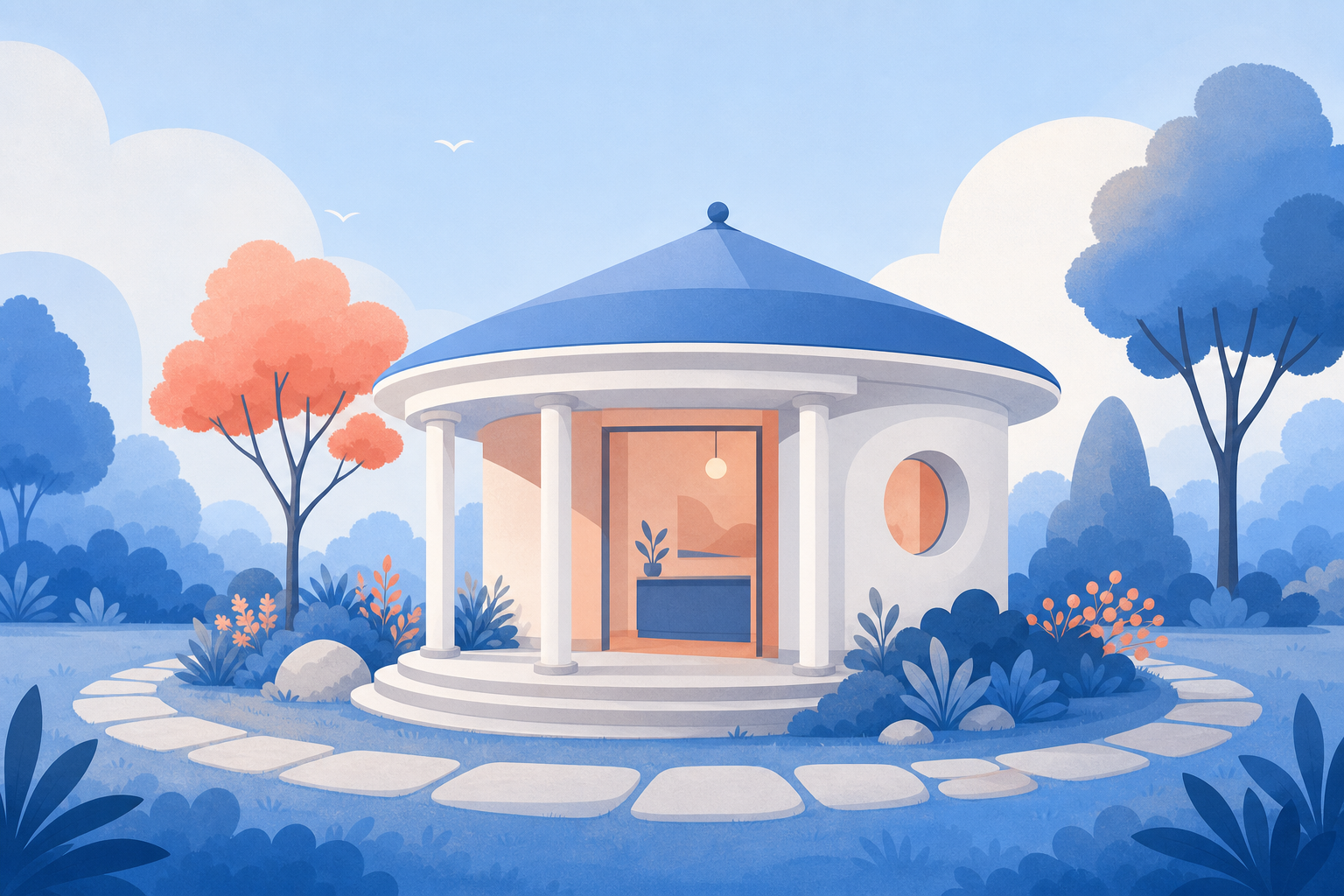A small round clinic with a porch, circled by a stone path in a garden.