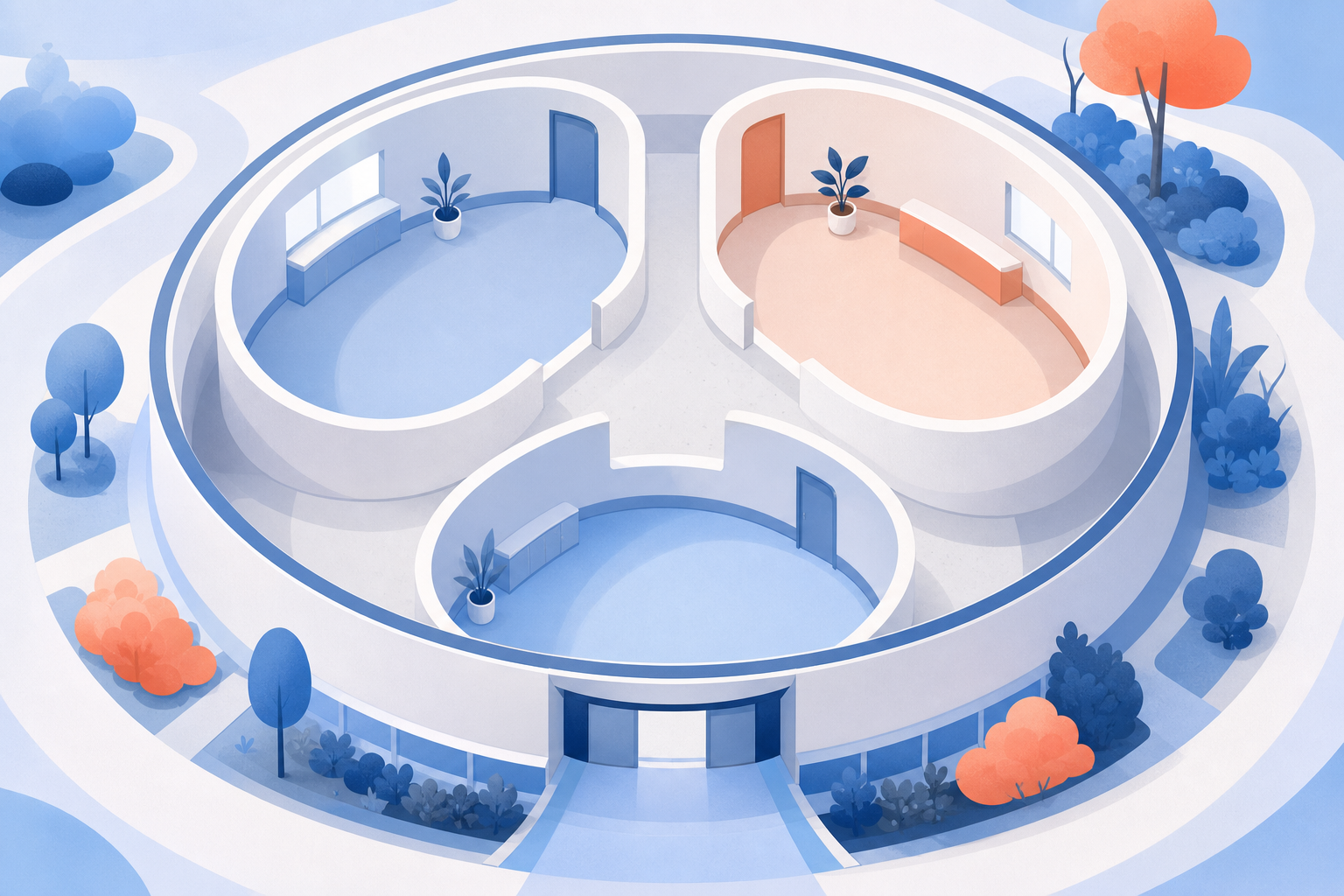 A rounded clinic layout with three empty rooms connected by branching corridors.