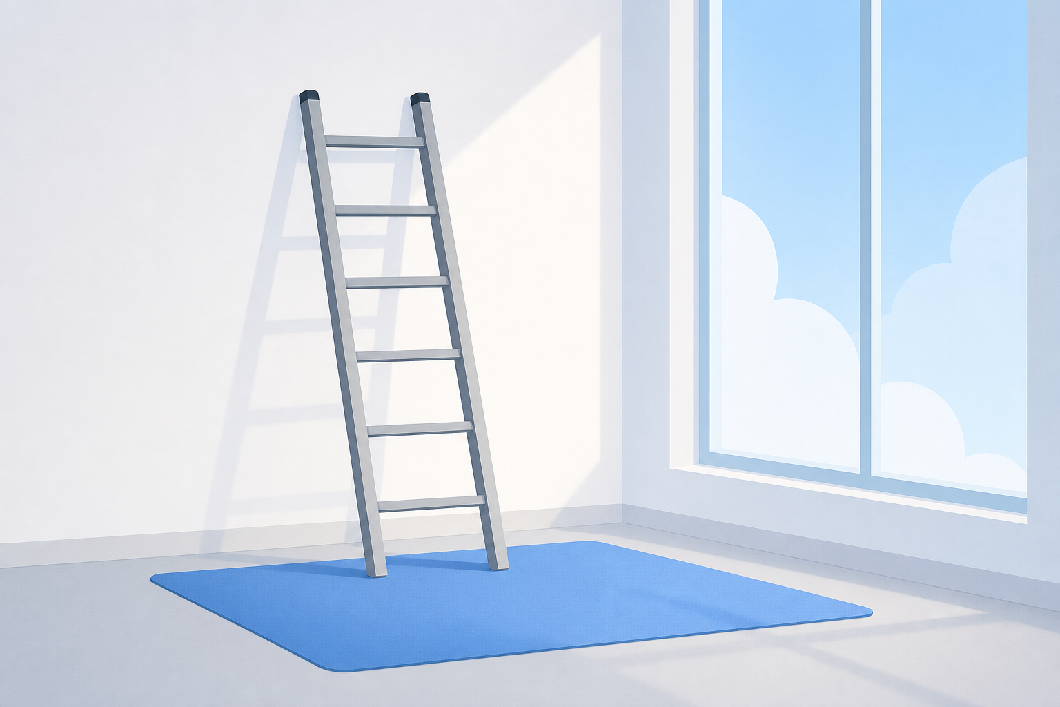 A mineral grey ladder leaning on a white wall beside a tall ice-blue window, with a cornflower-blue mat on the floor.