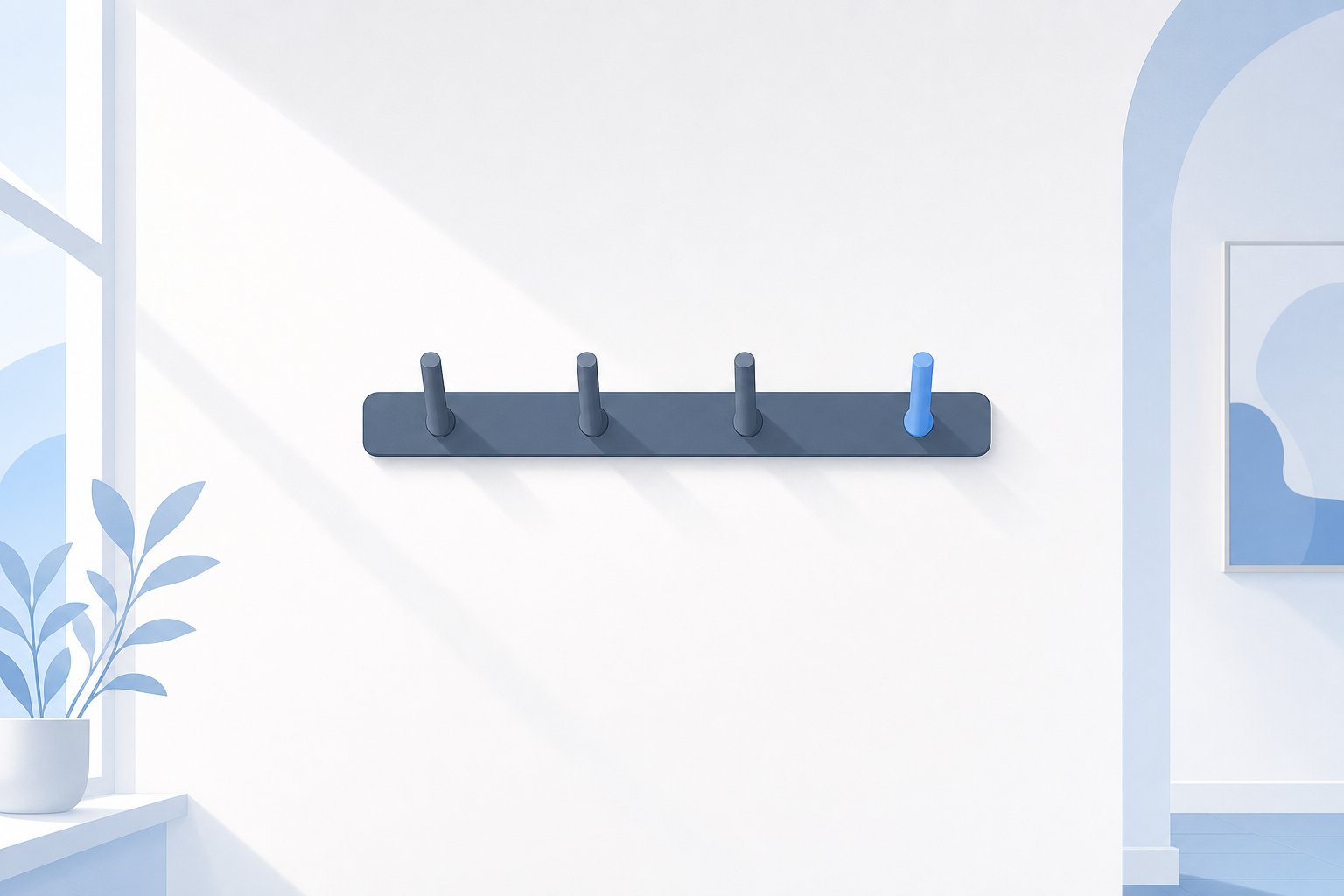 A white room with three empty mineral-grey coat hooks and one cornflower-blue hook on a grey rail