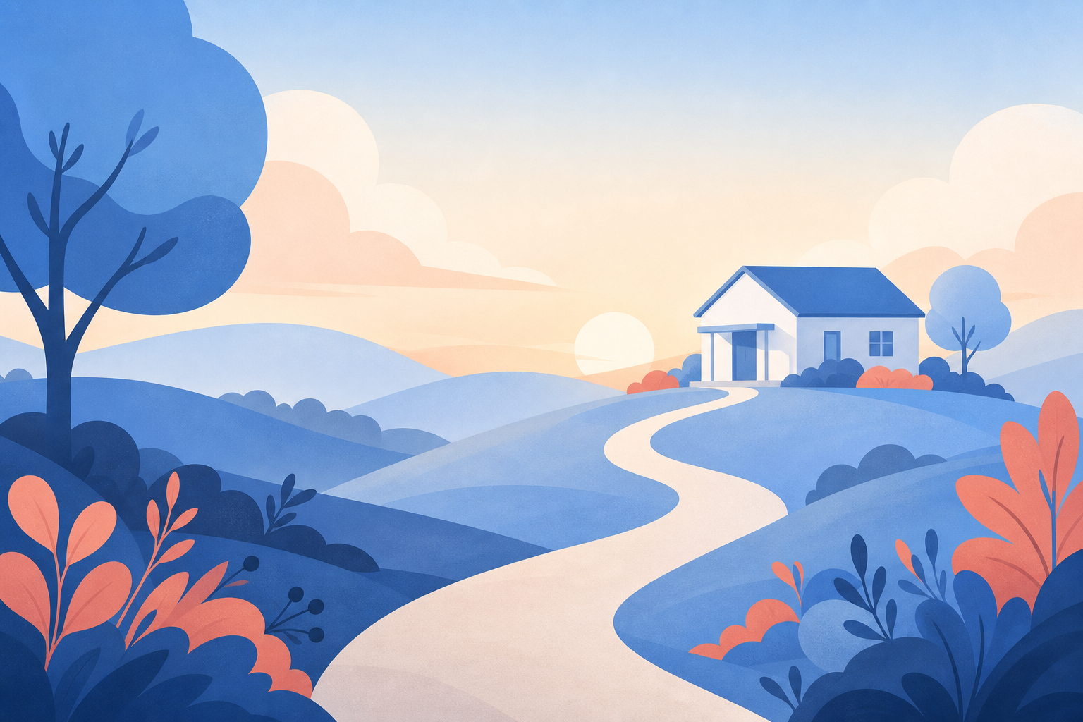 A winding path through soft hills leading to a small clinic.