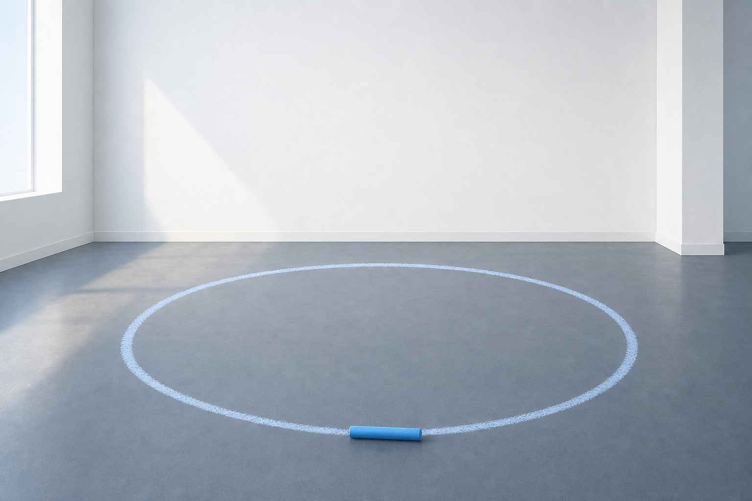 An empty ice-blue chalk oval on a mineral-grey floor in a white room, with one cornflower-blue marker at the bottom of the oval
