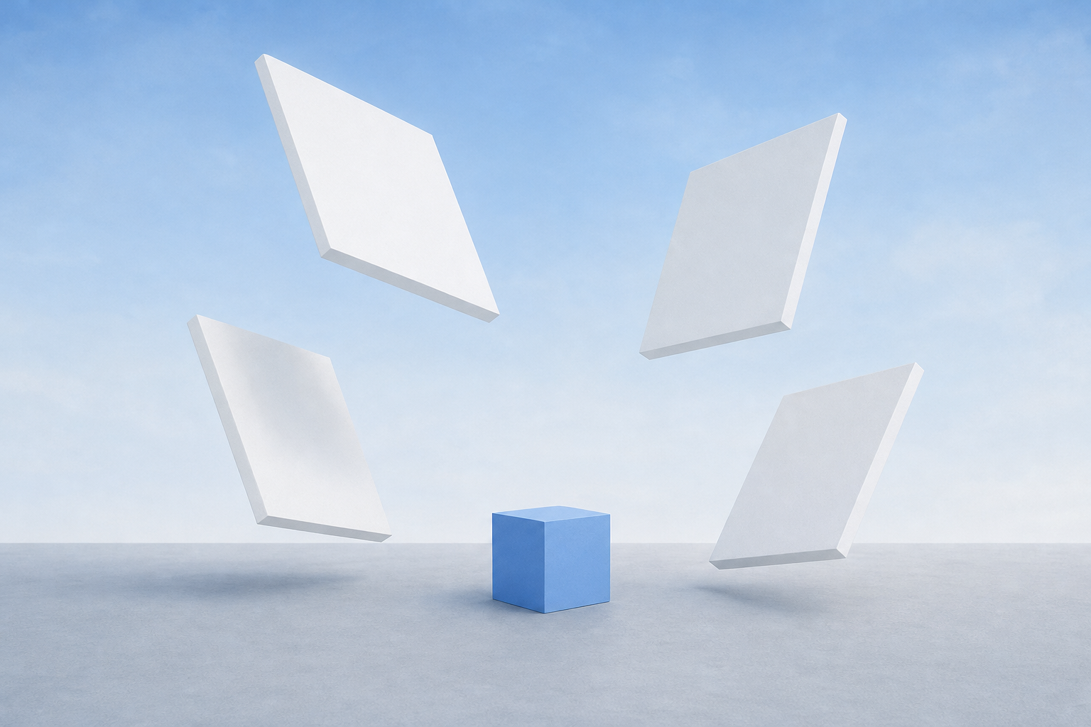 Four white wall panels float apart in an ice-blue sky above a grey floor, where one small blue cube sits alone at the center.