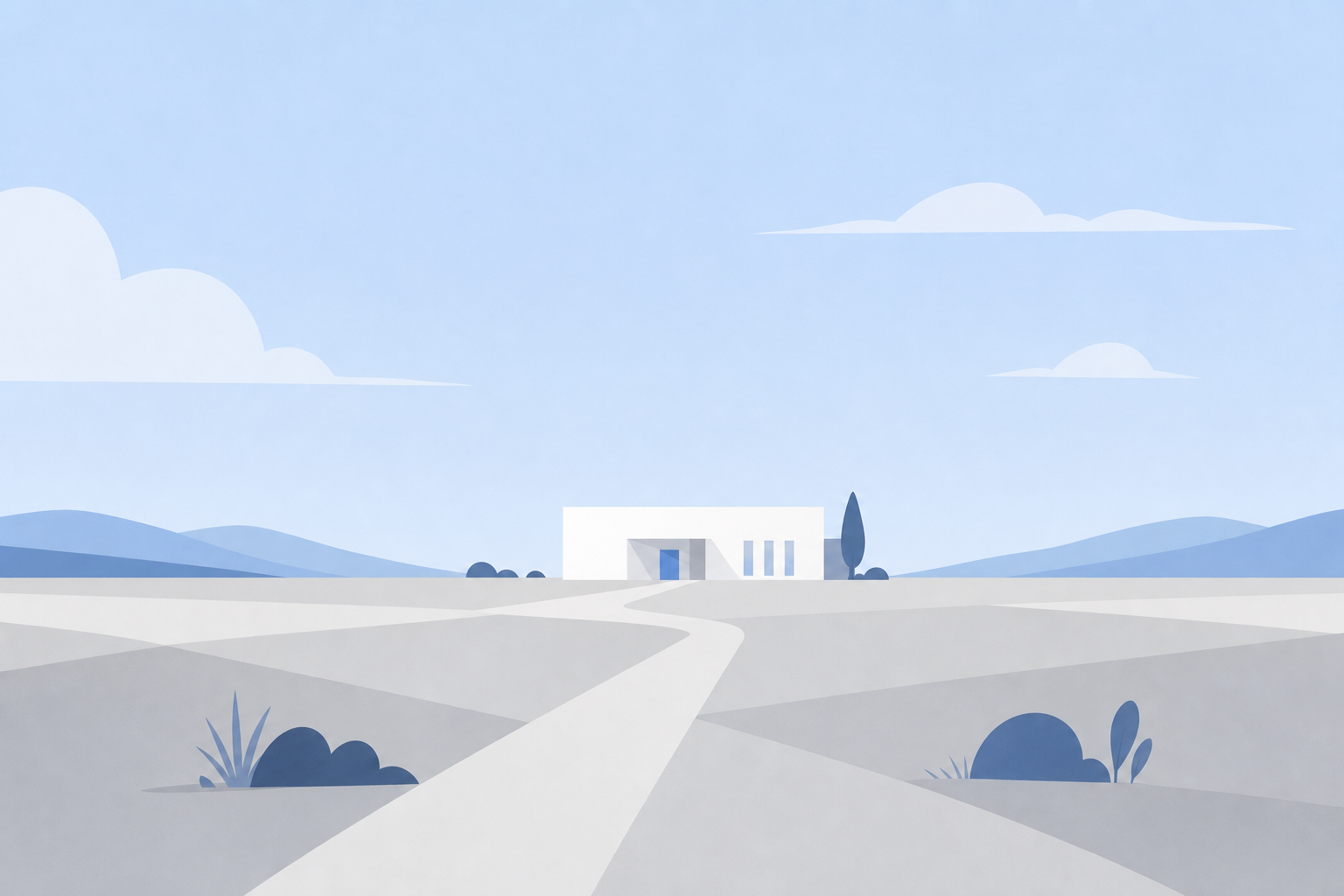 A low white clinic on open mineral-grey plains under a wide ice-blue sky