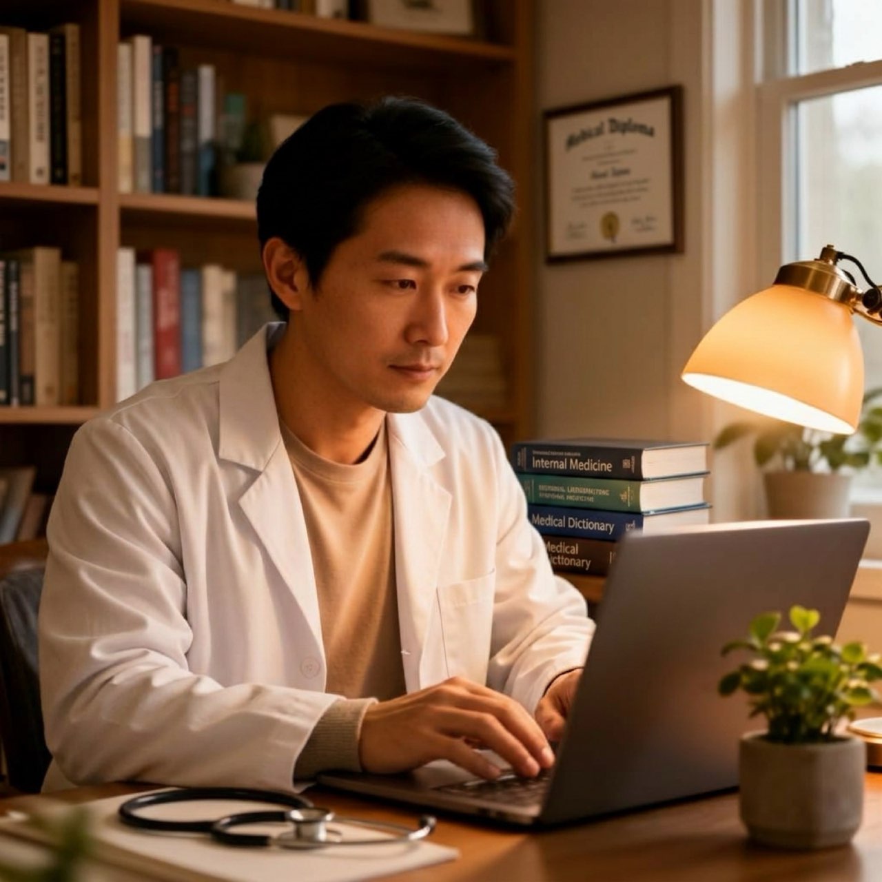 A physician working on a laptop in his office